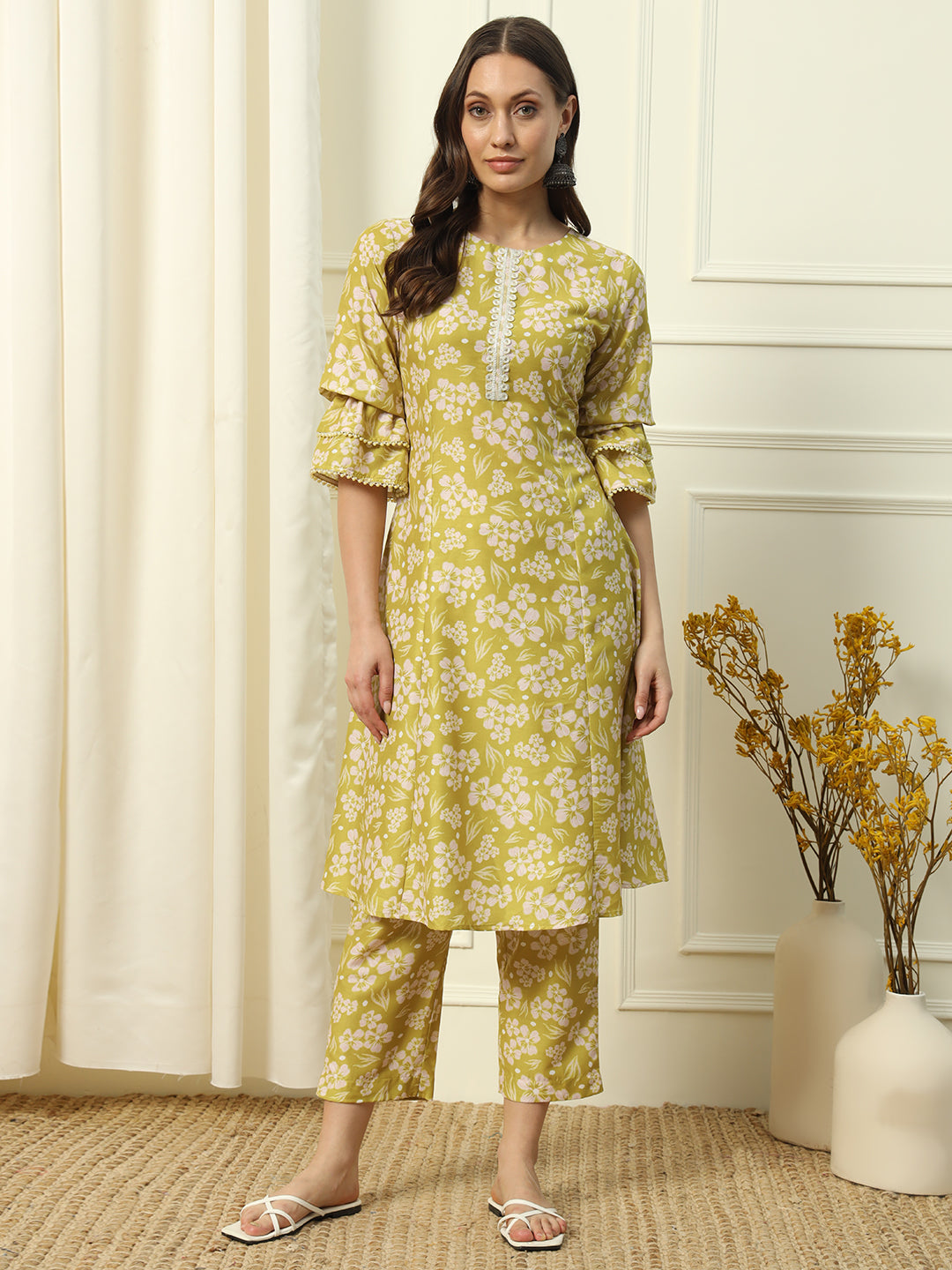 FIORRA Women's Light Yellow Cotton Blend A-Line Kurta and Pant